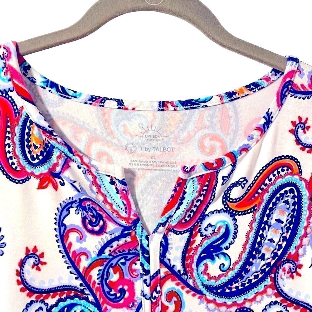 T by Talbots red, white, and blue paisley tab sleeve notch neck UPF 50 size XL